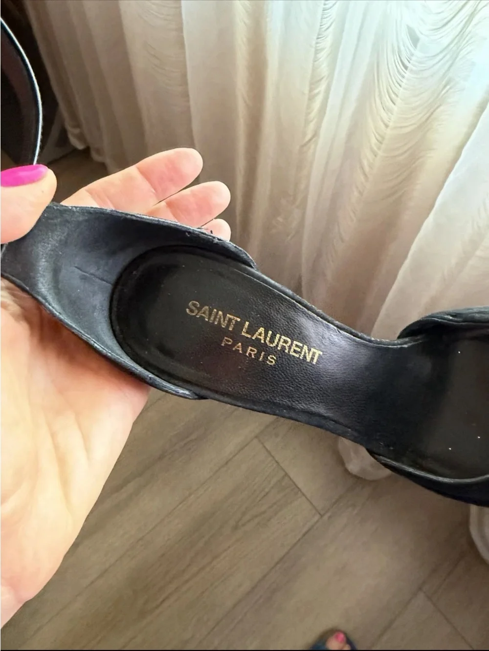 Saint Laurent Black Suede Peep-Toe Stiletto Heels with Patent Ankle Buckle - Picture 6 of 6